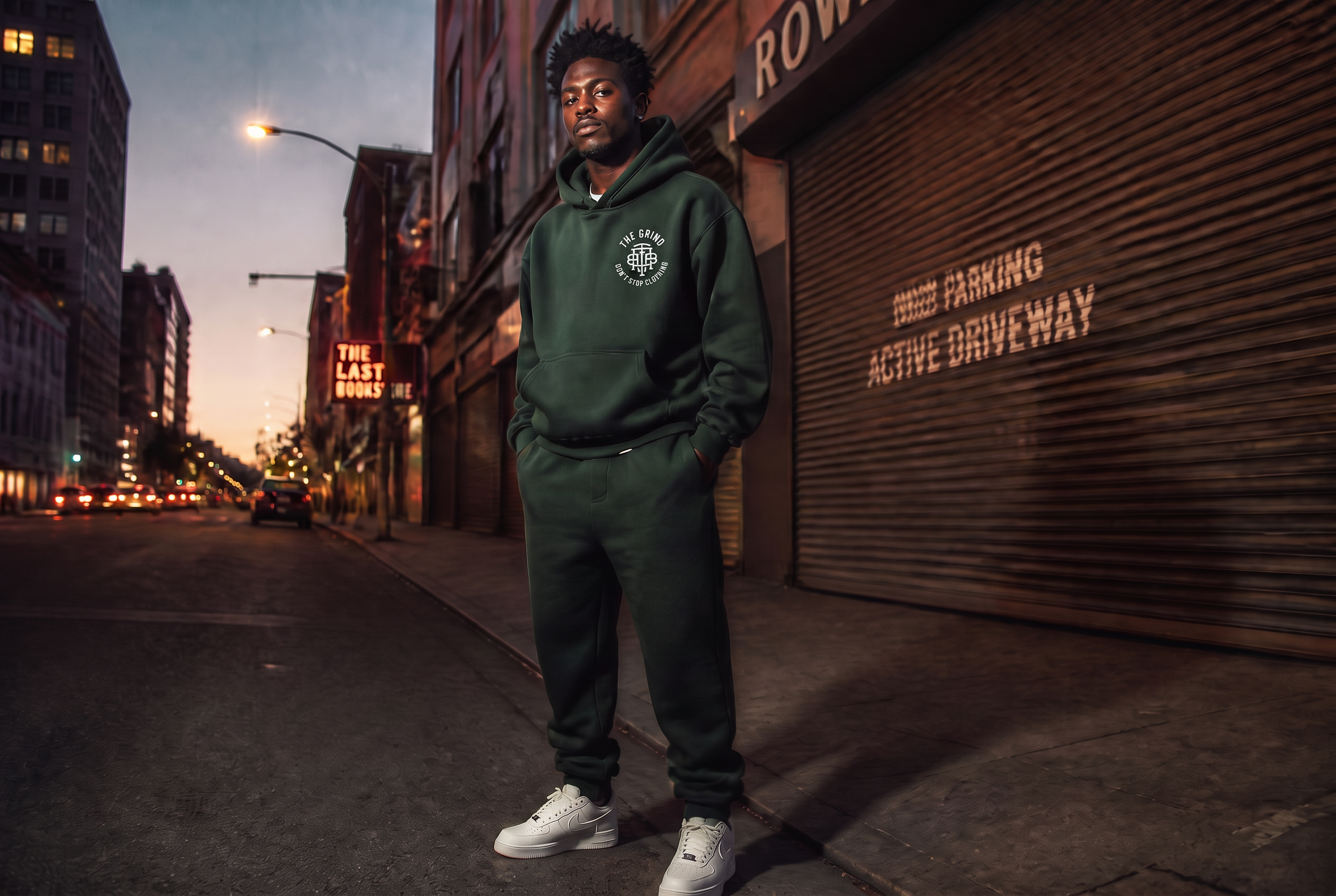 Model wearing the TGDS forest green tracksuit on a downtown street at dusk